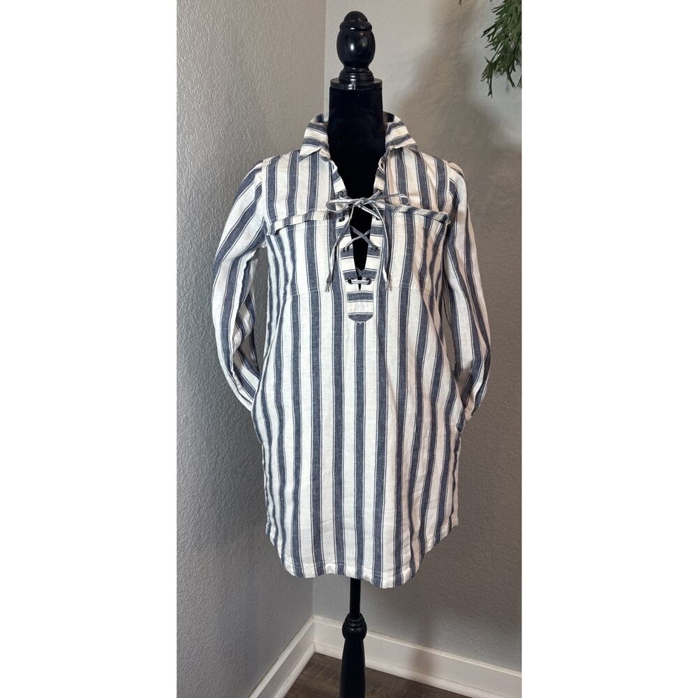 Madewell Blue White Striped Lace Up Neckline Shirt Dress Long Sleeve Pockets
